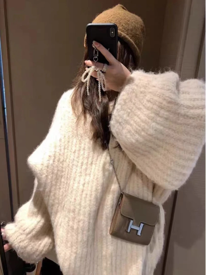 2025秋冬新款套头款百搭加厚针织衫中长款灯笼袖韩版宽松慵懒风