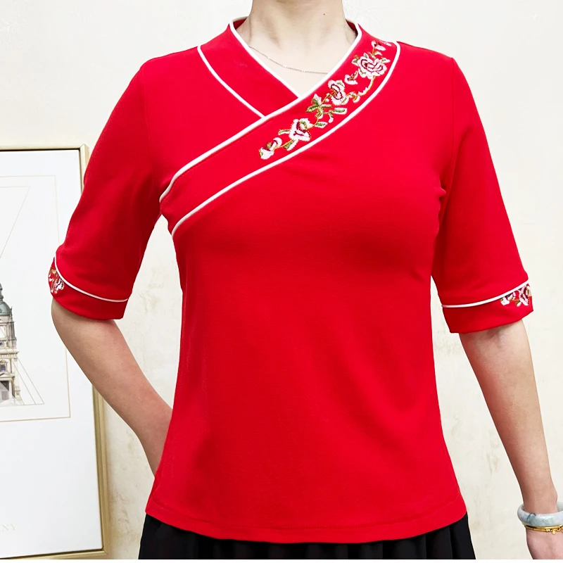 新款跳舞古风上衣搭日常穿夏新中式民族风绣花短袖T恤女国风上衣