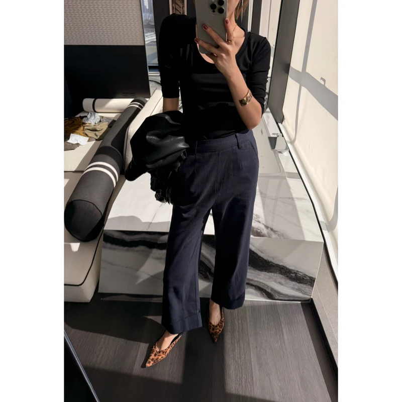 【娇娇私服定制】新款休闲高腰亚麻翻边直筒裤82063#