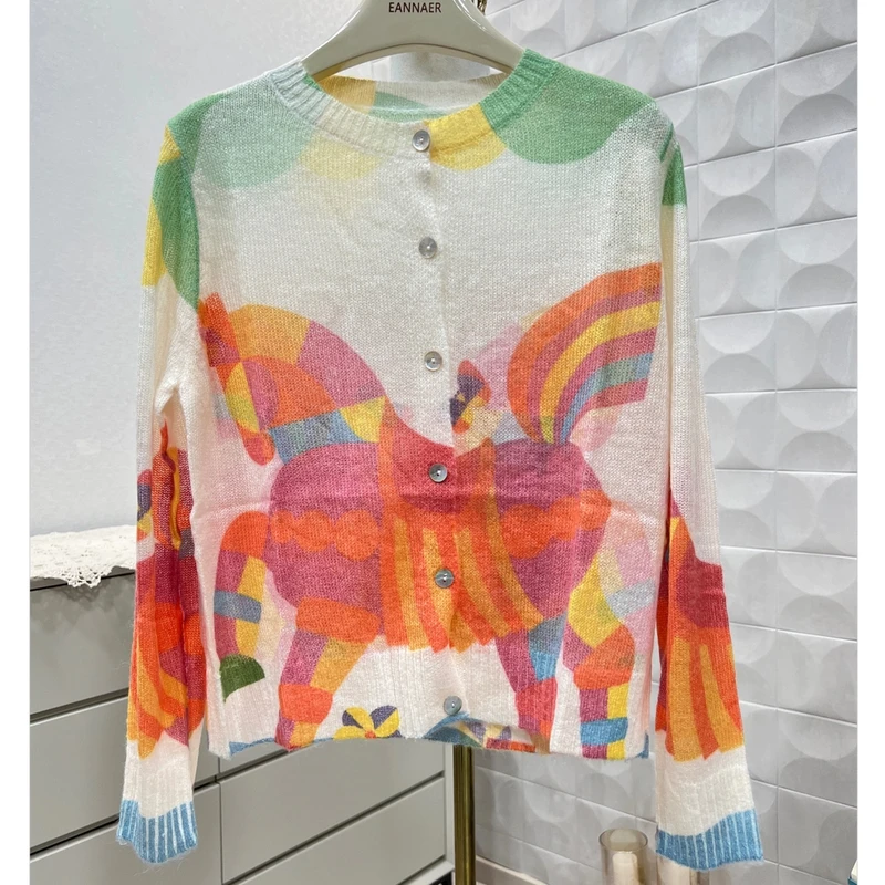 【奈斯专属】马海毛彩虹摇马印花圆领长袖针织开衫时尚百搭休闲花色