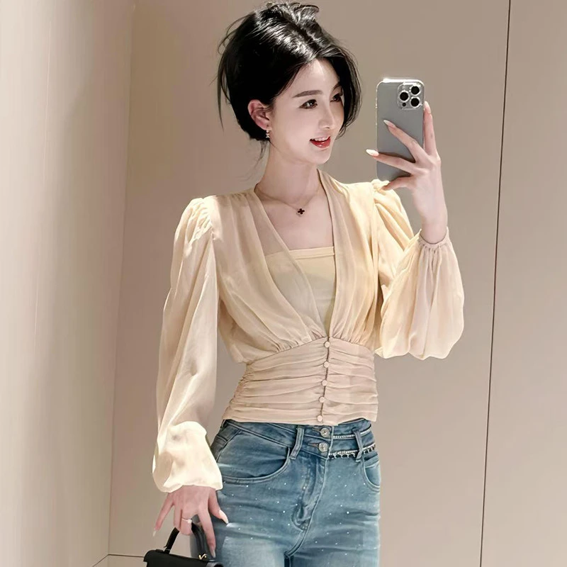 2025春季新款法式气质泡泡袖衬衫女小个子收腰显瘦高级感洋气上衣