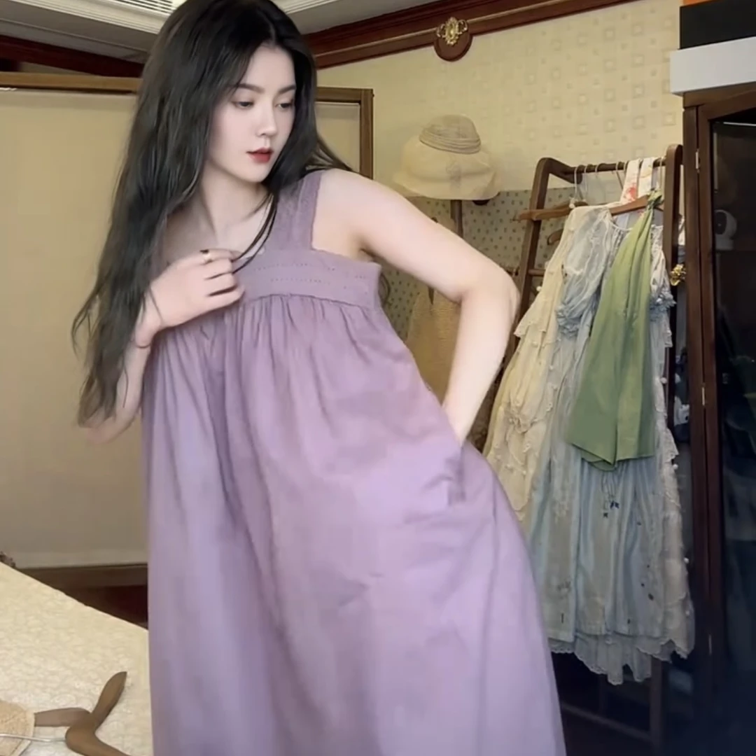 蕾丝花边吊带无袖背心睡裙女夏季薄款法式宫廷风宽松家居裙可外穿