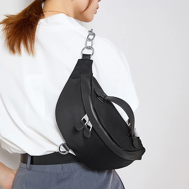 香港MTFSKAER牛津布配真皮新款女包胸包休闲蹦迪时尚腰包单肩斜挎