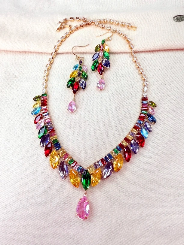 铜合金仿水晶项链 新款彩色水晶两件套