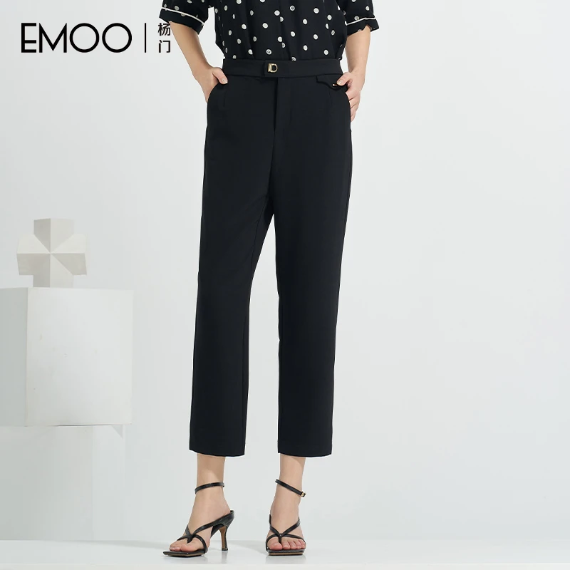 EMOO/杨门高腰铅笔裤女黑色九分裤通勤高腰夏季休闲裤E24B093008