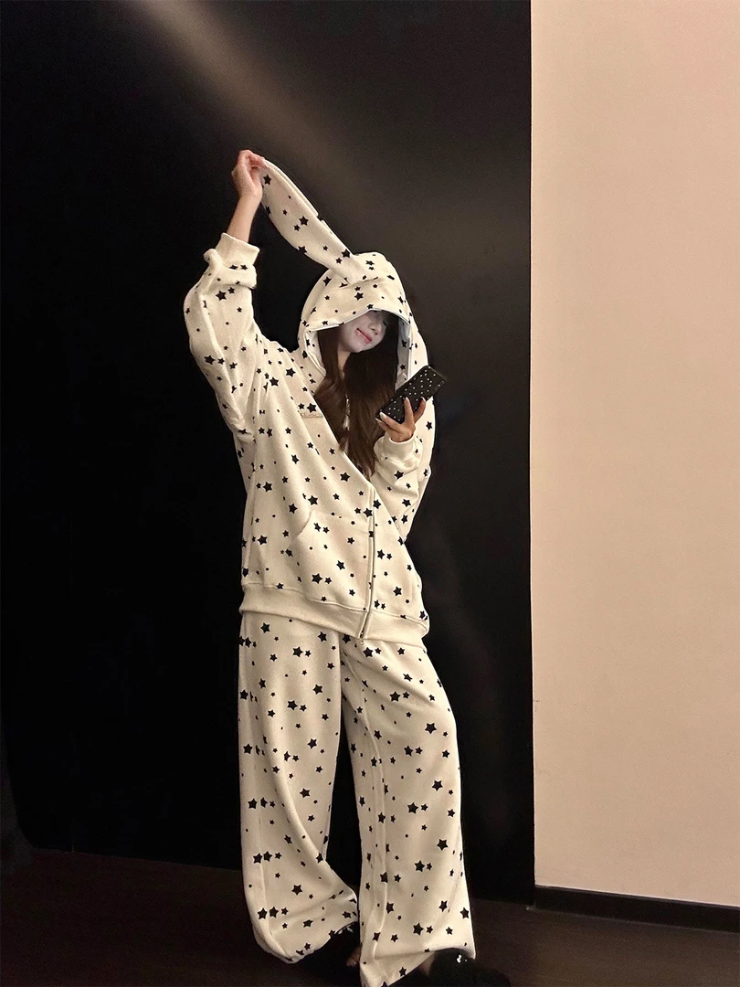 星星印花兔耳朵连帽睡衣女2025新款大码长袖长裤套装可外穿家居服