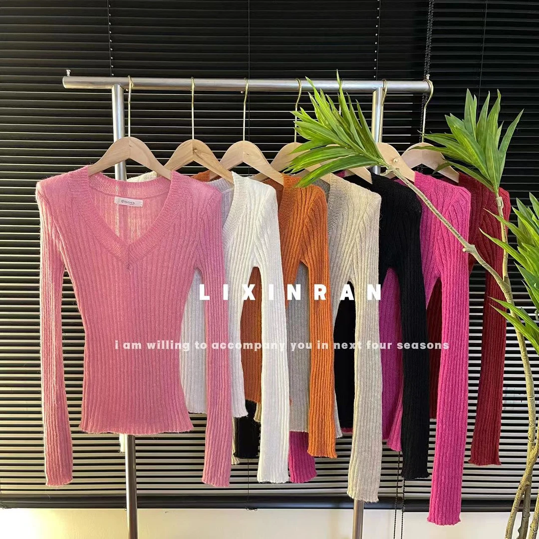 李欣然  【莫奈玫瑰】  百搭收腰微透针织纯色打底#A0690