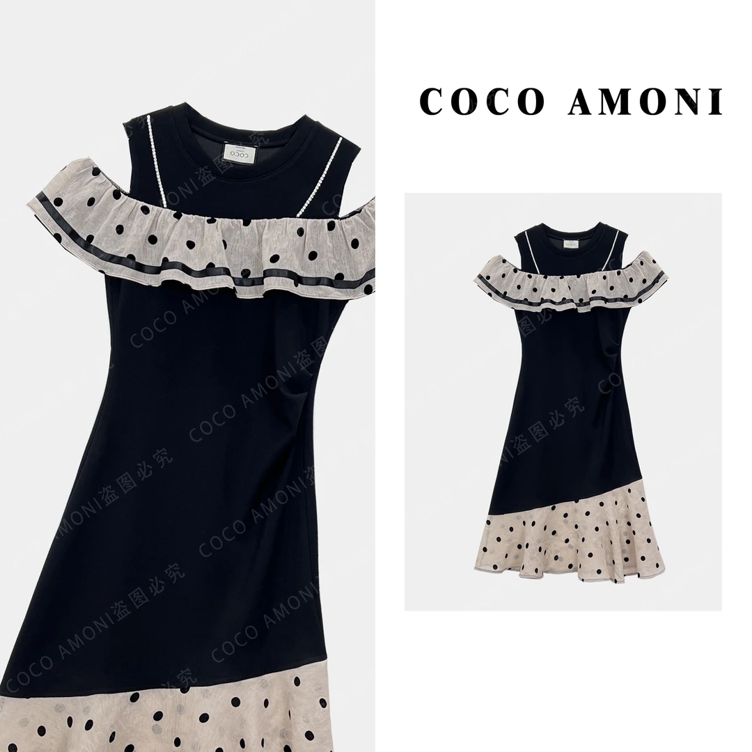 【LL】露肩潮流圆领钉珠拼接捏褶收腰显瘦百搭连衣裙AB652