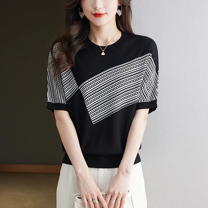 夏季薄款天丝显瘦气质圆领t恤百搭蝙蝠短袖宽松时尚妈妈针织上衣1