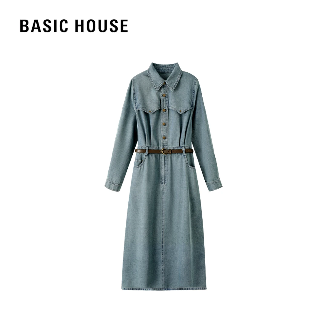 Basic House/百家好C春秋休闲显瘦气质长袖时尚百搭复古连衣裙