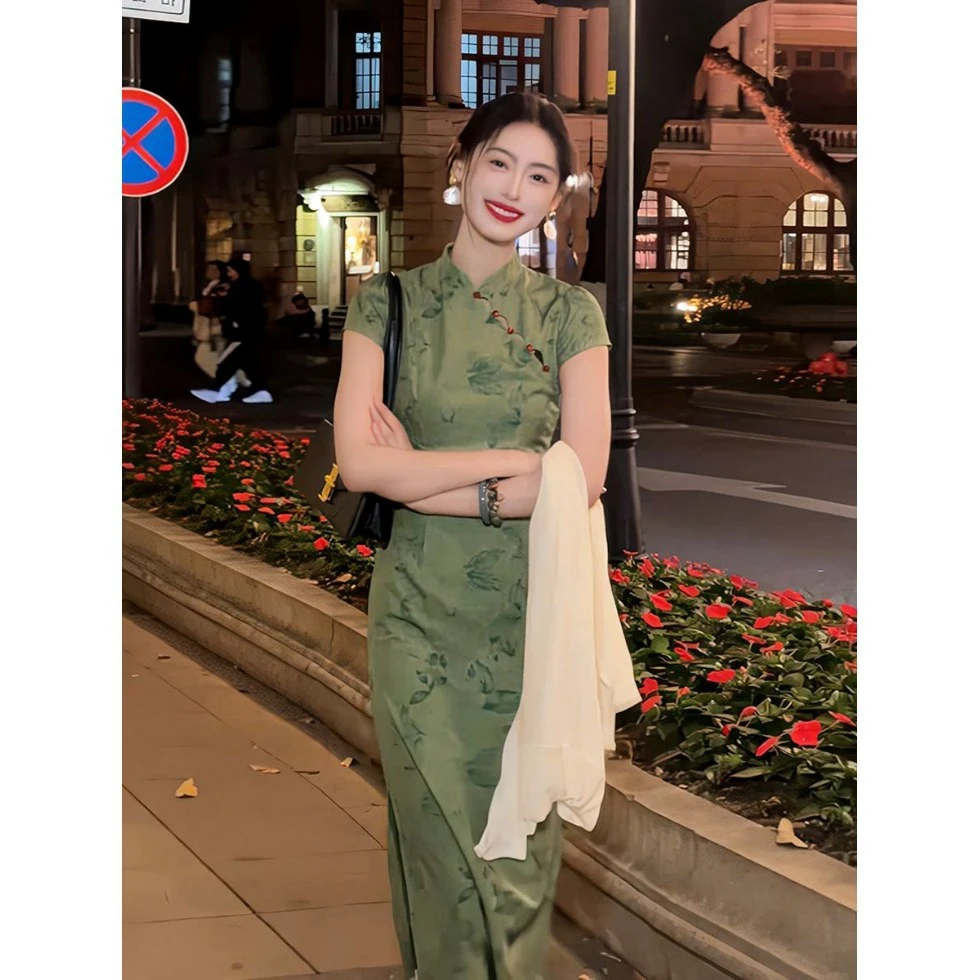 新中式提花水墨画改良版复古显白旗袍女春气质复古短袖碎花连衣裙