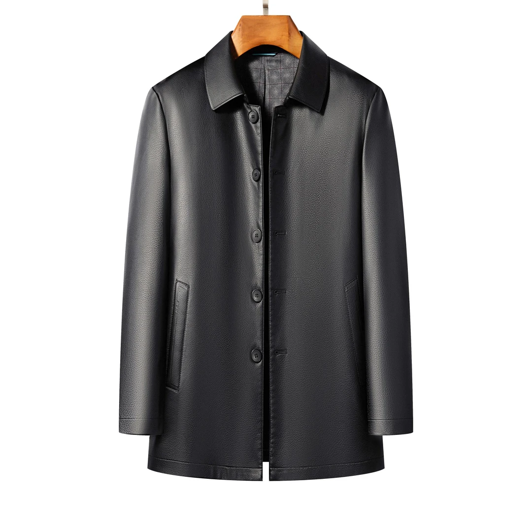 【海宁优选】 男士海宁真皮头层山羊皮高档商务休闲扣子款真皮皮衣