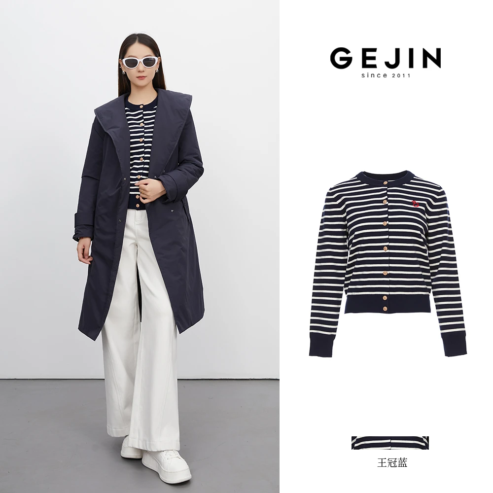 GEJIN/歌锦秋冬新款长袖圆领休闲女条纹刺绣设计针织衫9432562524
