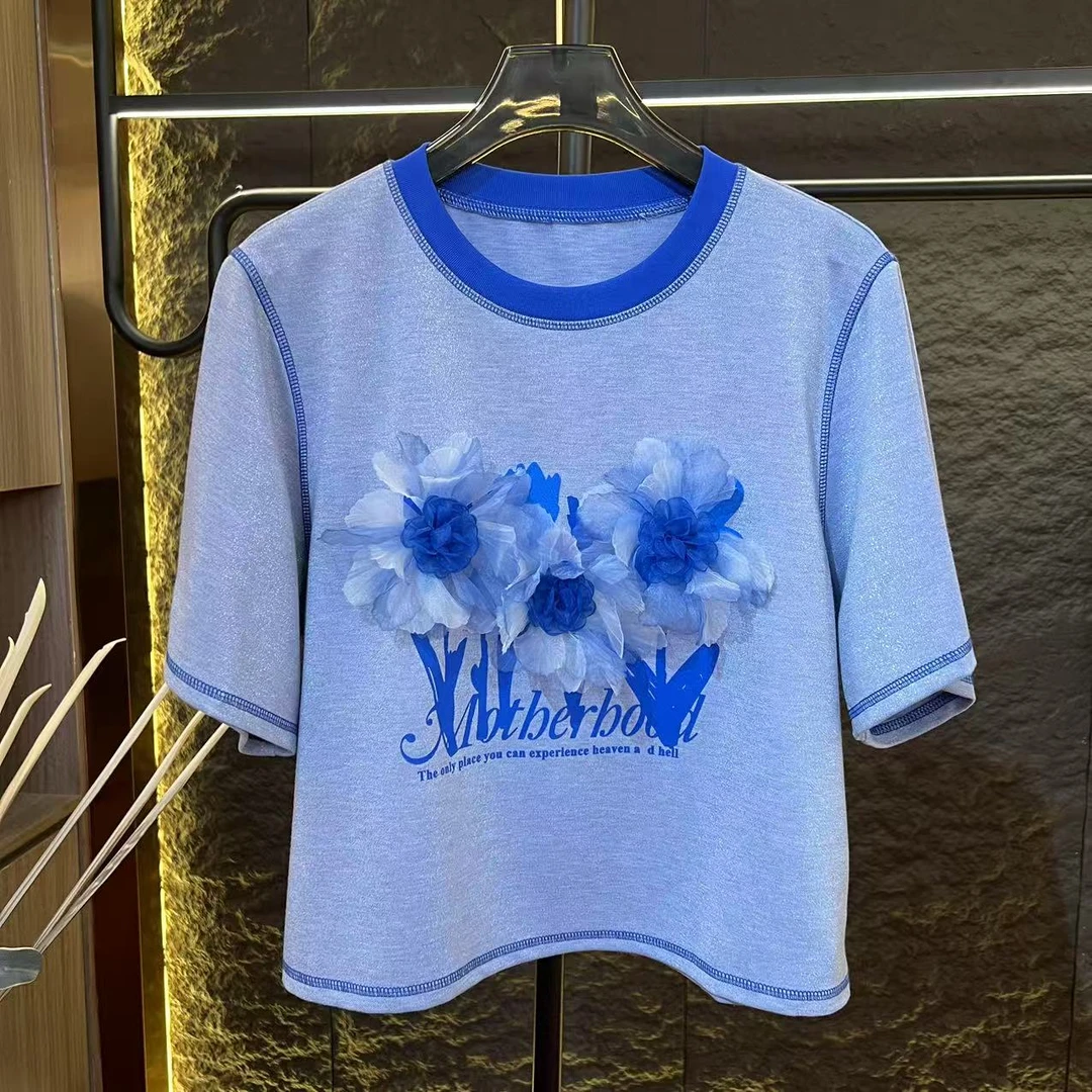 (果果专属）蓝色时尚花朵百搭女士夏季重工短袖圆领T恤A317