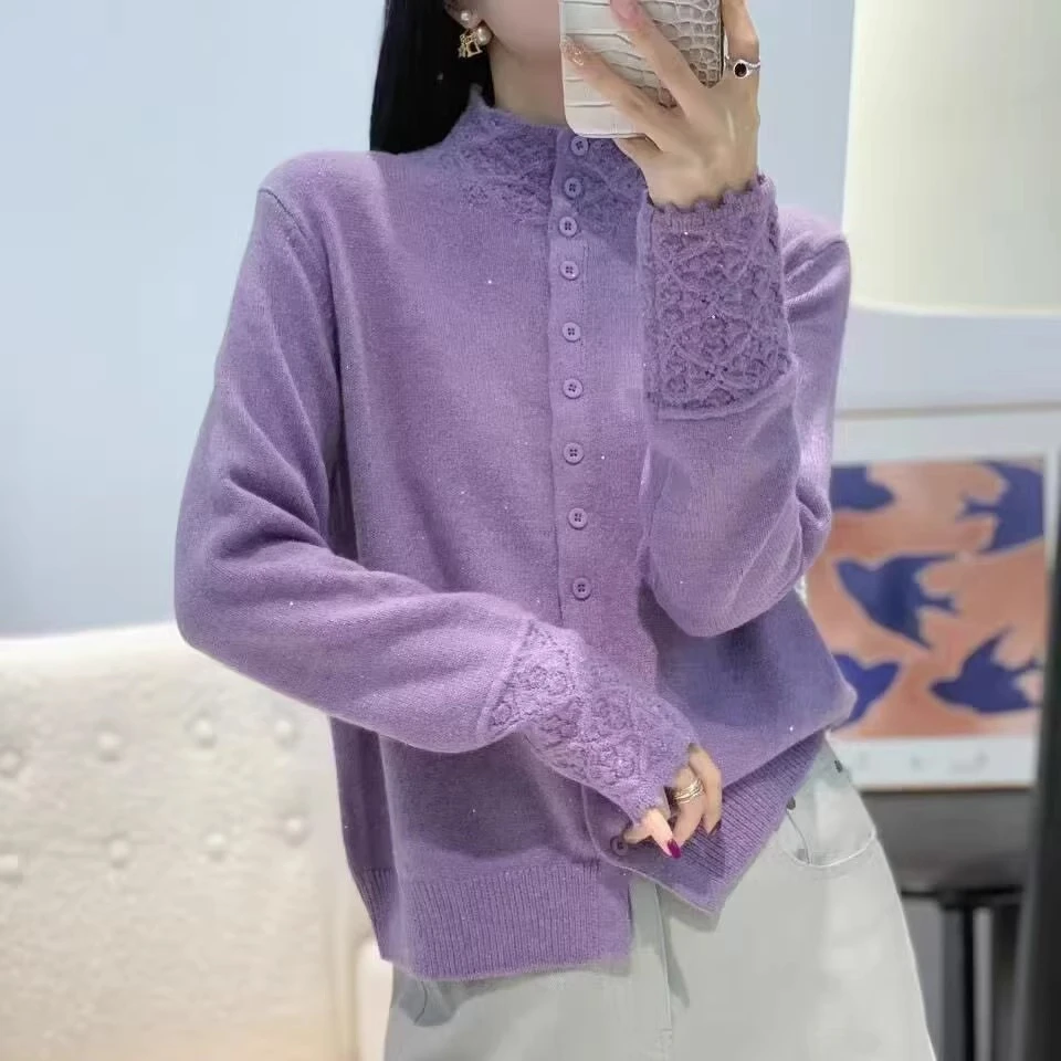 钩花领开衫密熊绒细闪亮片时尚毛衣百搭气质减龄镂空轻熟风开衫