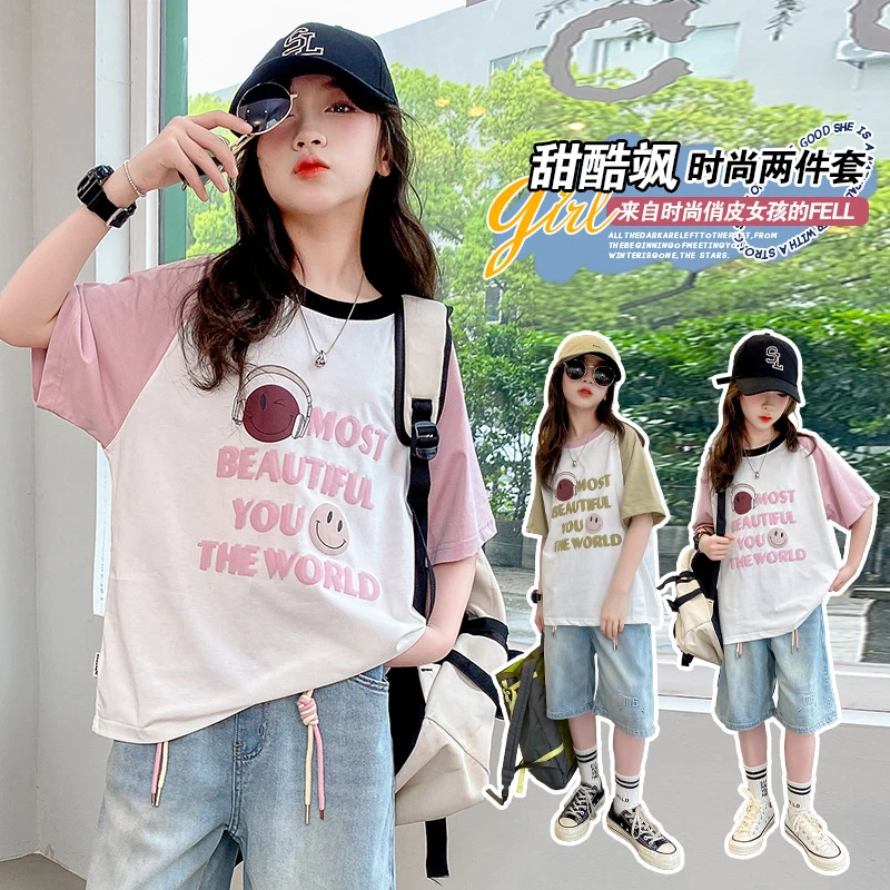 中大童牛仔裤两件套女童新款夏装韩版套装女孩短袖短裤时髦两件套