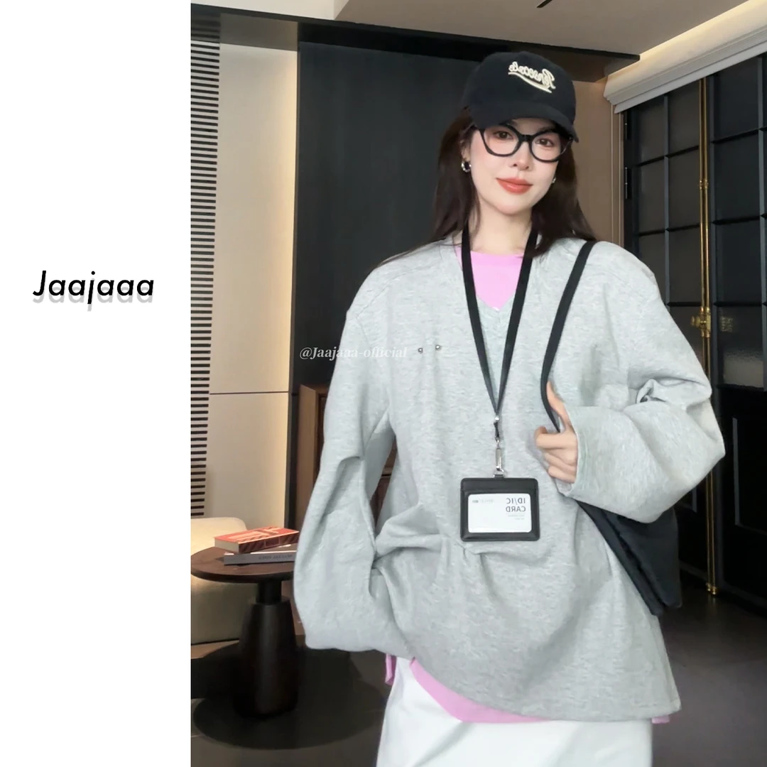 Jaajaaa鸢尾岚山 显瘦百搭极简风廓形V领卫衣/AAGC