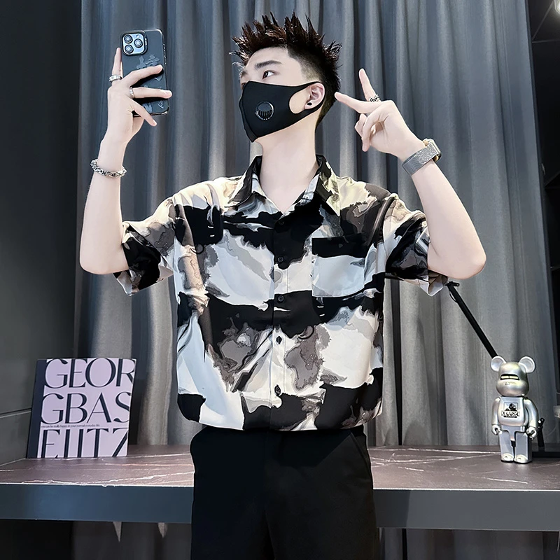 扎染衬衫男士短袖夏季潮牌痞帅冰丝凉感衬衣2025新款男装半袖上衣