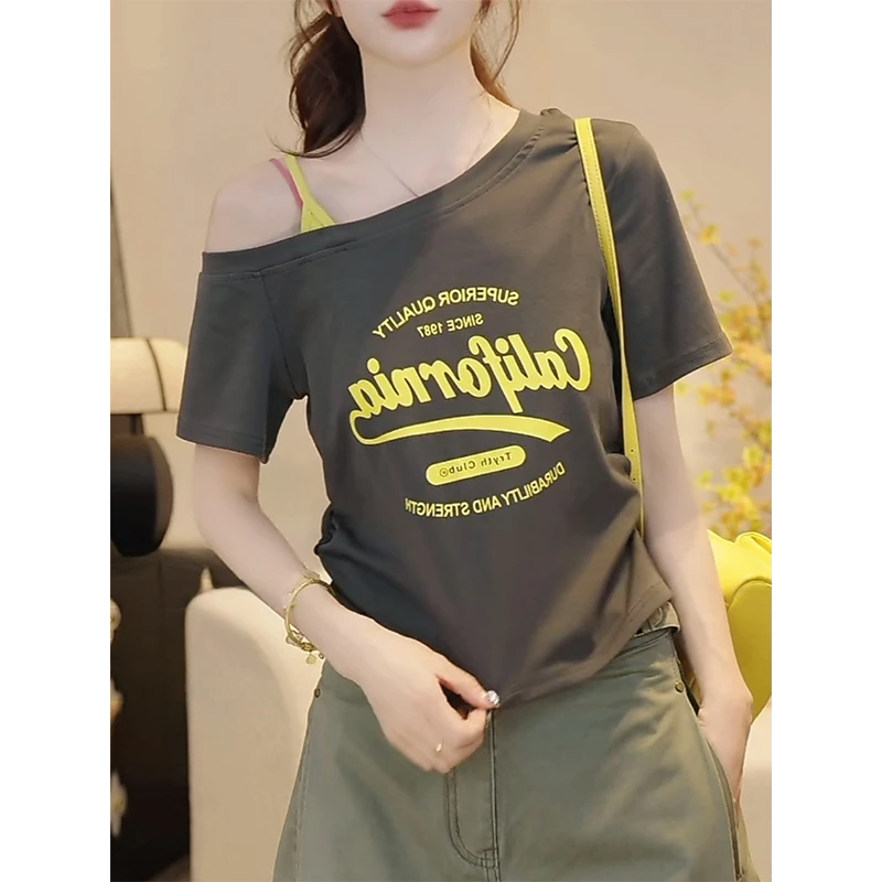 美式夏季斜肩领印花T恤女2025新款短袖打底衫纯欲风设计感短上衣