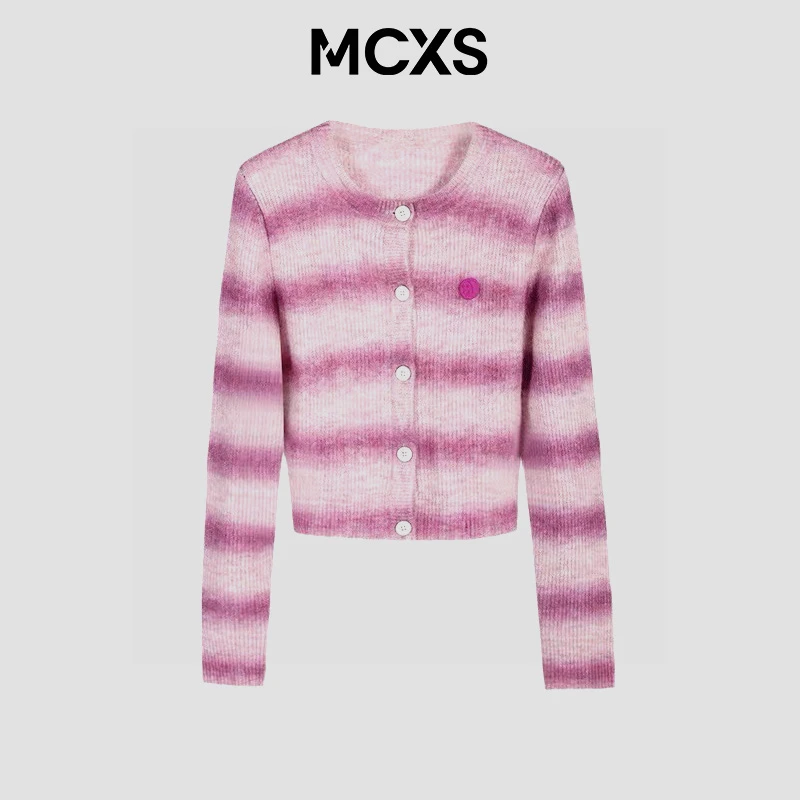 渐变染色羊毛针织开衫外套小香风粉色女秋冬修身高级感单排扣上衣