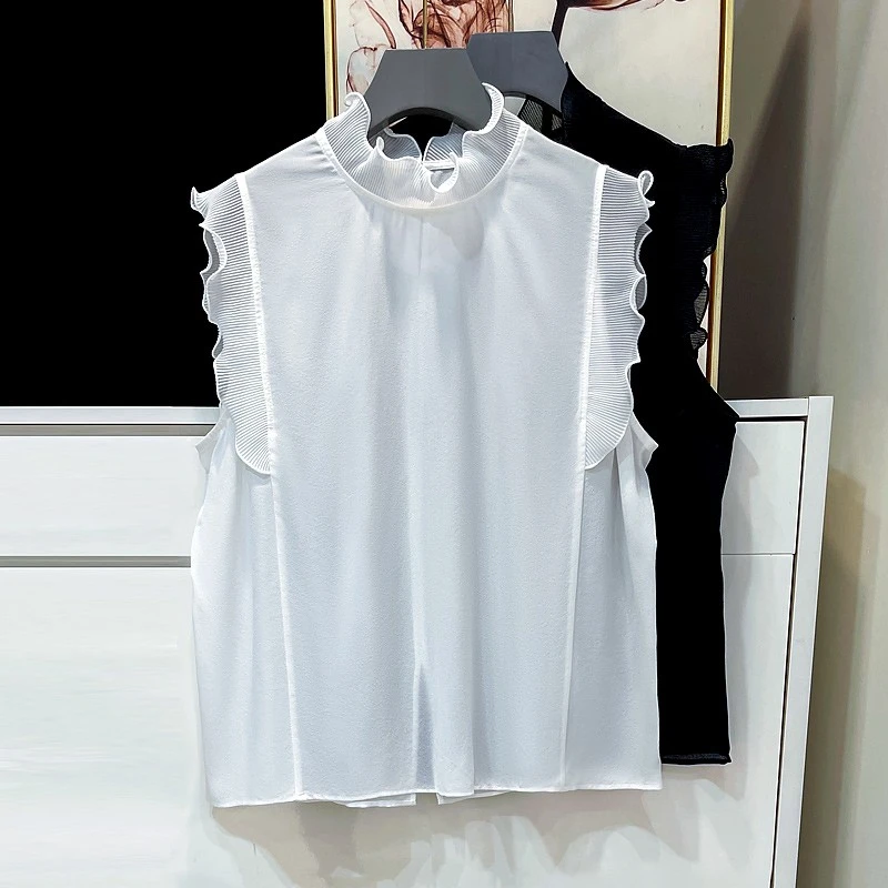 高级感真丝衬衫女夏无袖立领荷叶边小众设计感衬衣法式桑蚕丝上衣