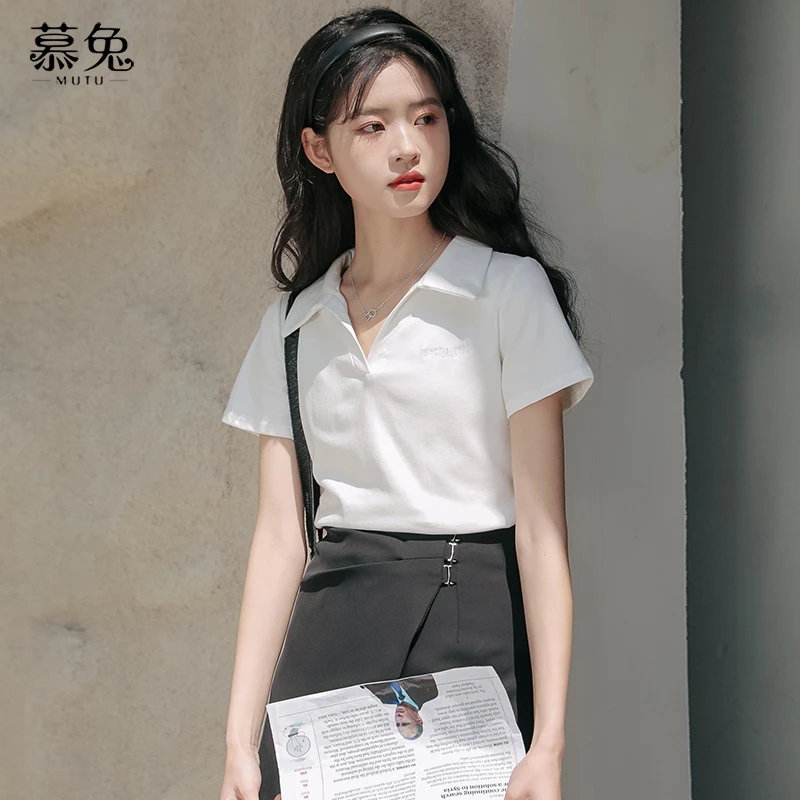 慕兔Polo领白色短袖t恤女2025夏季新款ins设计感小众甜辣上衣