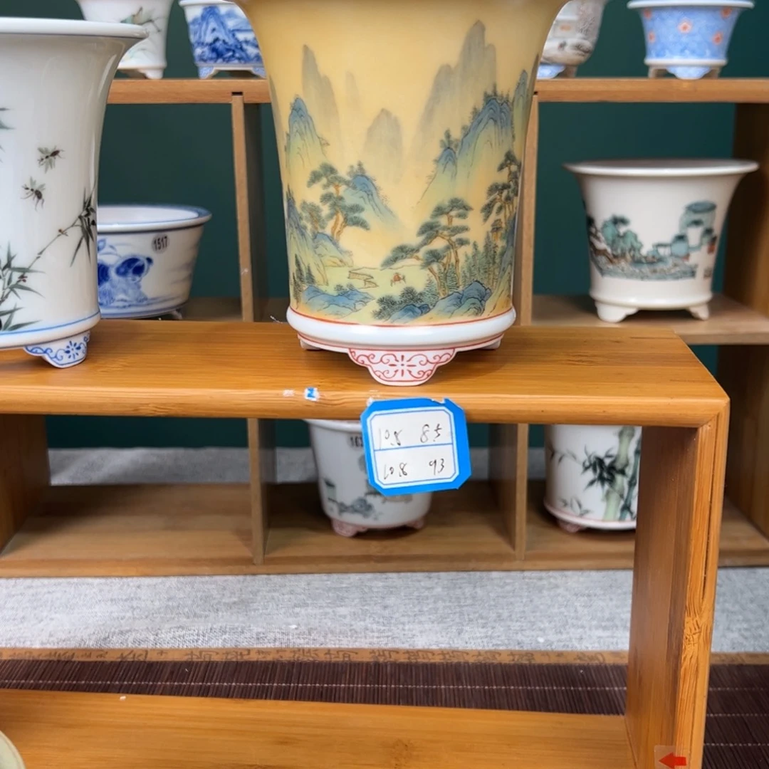 手工手绘青绿山水中号花盆