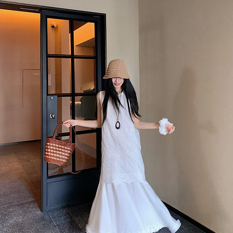 镂空提花背心连衣裙夏季2025新款拼接假两件白色木耳防晒外套女