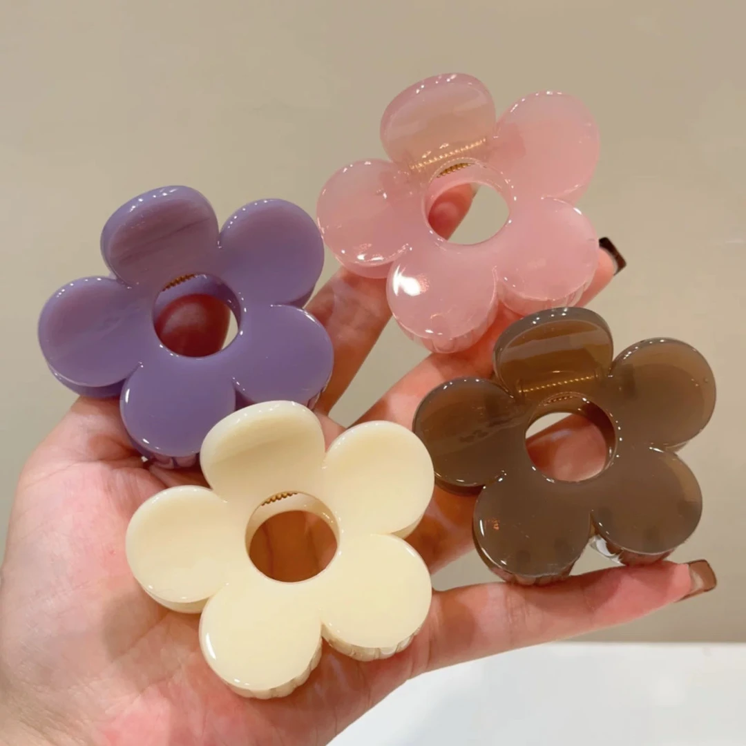 2025新款时尚简约基础花朵中号不易摔发夹抓夹高颜值果冻色鲨鱼夹