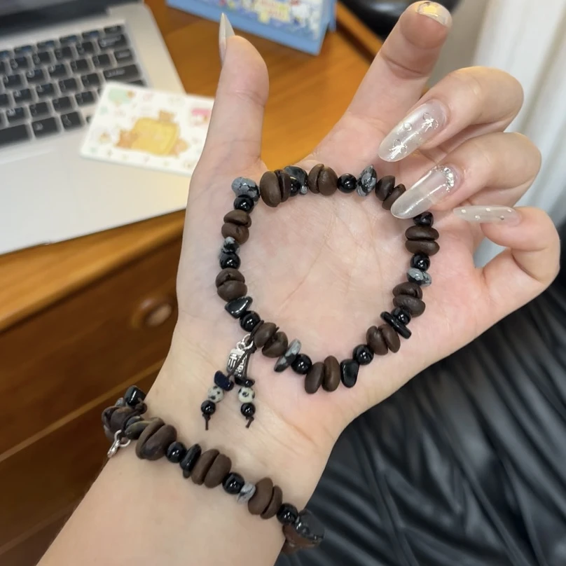 非金属陶瓷手链 纯手工真咖啡豆 串珠手链女小众设计感手链复古