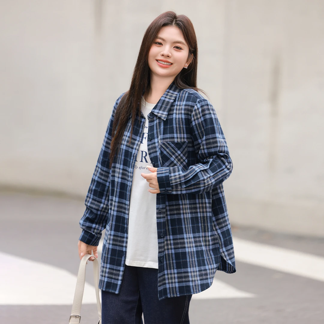 【复古格子翻领长袖衬衫】MsShe大码女装2025春装宽松上衣M2412026