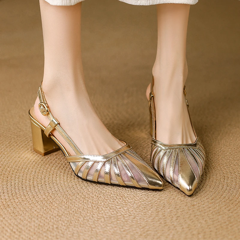 法式时尚尖头高跟鞋女夏外穿粗跟镂空网纱包头凉鞋性感后空单鞋