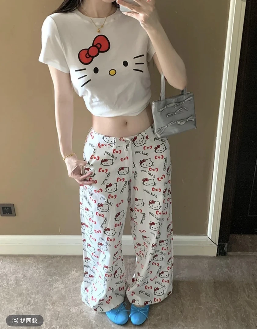 Kitty满印白色牛仔裤