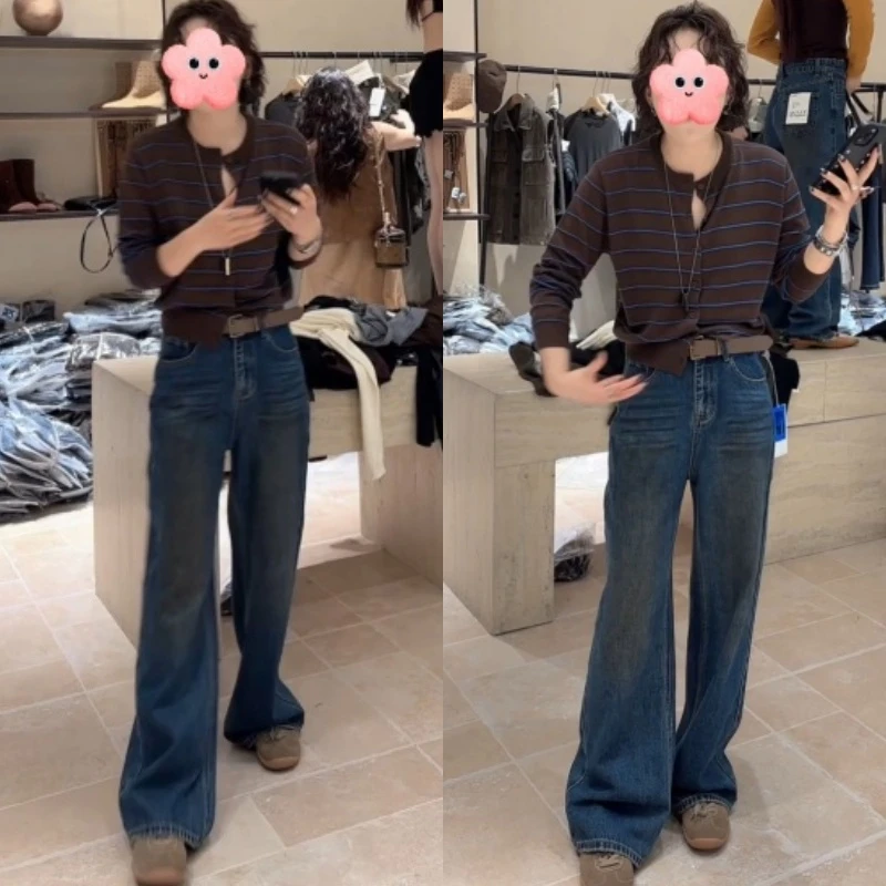 秋季显瘦长袖条纹开衫+高腰窄版牛仔直筒裤LK2505996