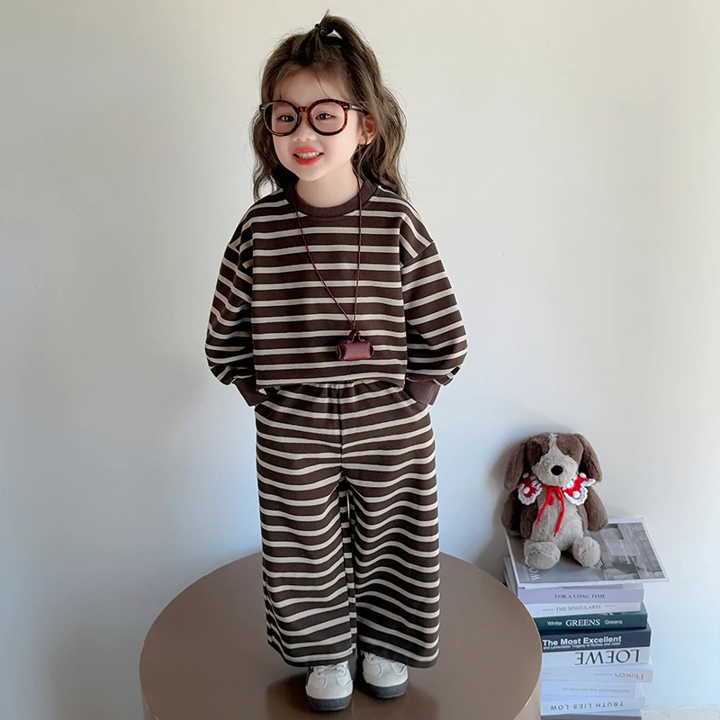 女童条纹卫衣套装春秋新款女孩卫裤两件套韩版休闲运动童装衣服