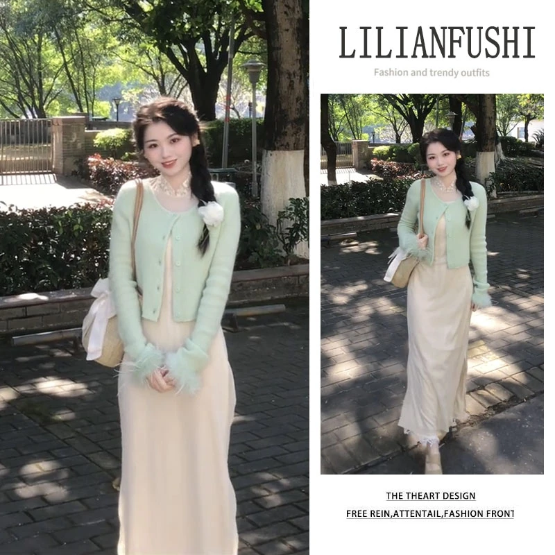 秋冬时尚穿搭女2026新款百搭短款长袖针织开衫修身连衣裙两件套装