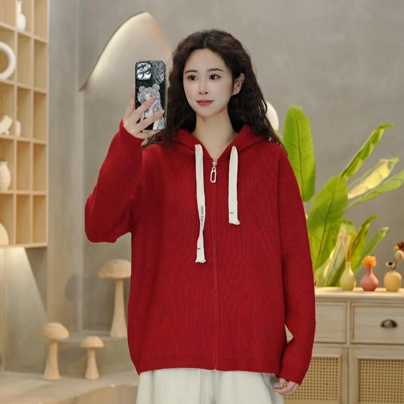 5137 冬季新款纯色连帽针织衫宽松时尚百搭开衫毛衣针织上衣