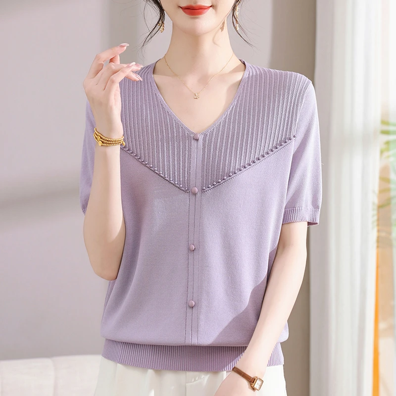 妈妈春款短袖针织衫宽松毛衣显瘦中老年女百搭洋气上衣服外穿8999