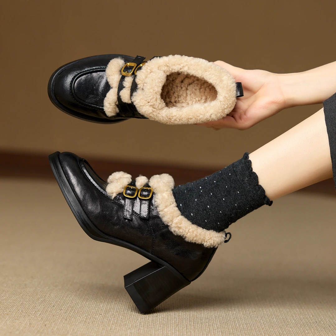 小个子手工女鞋7cm~冬季新款单鞋女加绒粗跟小皮鞋高跟百搭乐福鞋