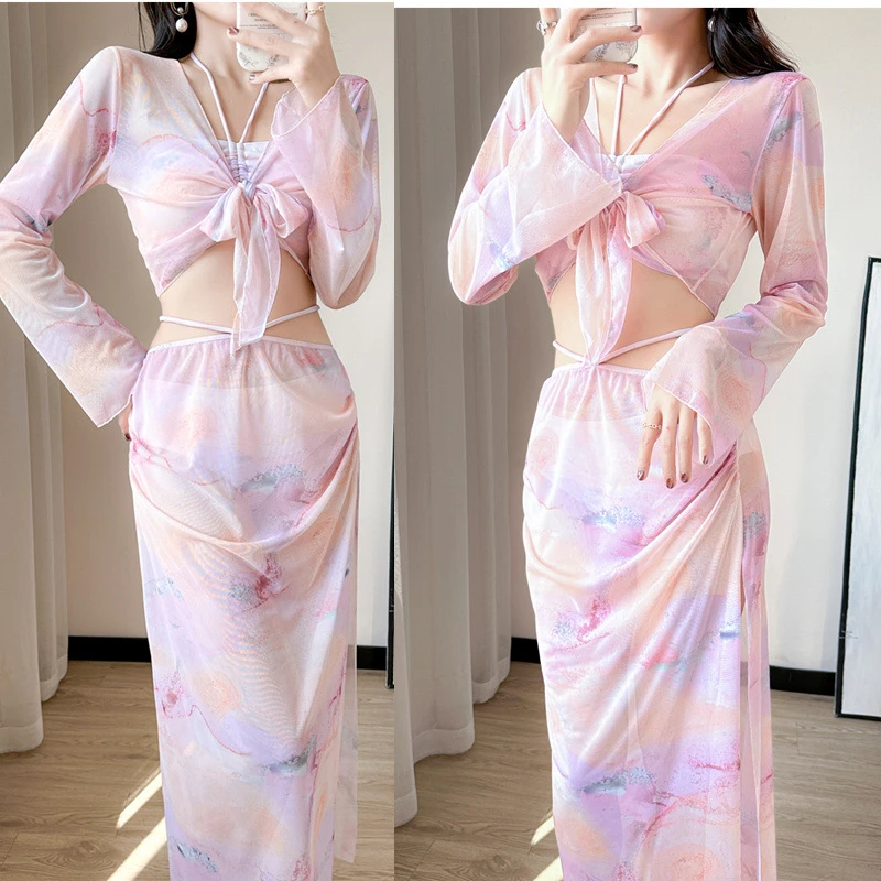 分体四件套比基尼bijini泳衣女遮肚显瘦性感长袖仙气度假网红泳装