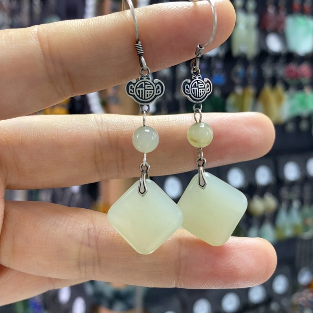 和田玉银S925镶嵌耳饰