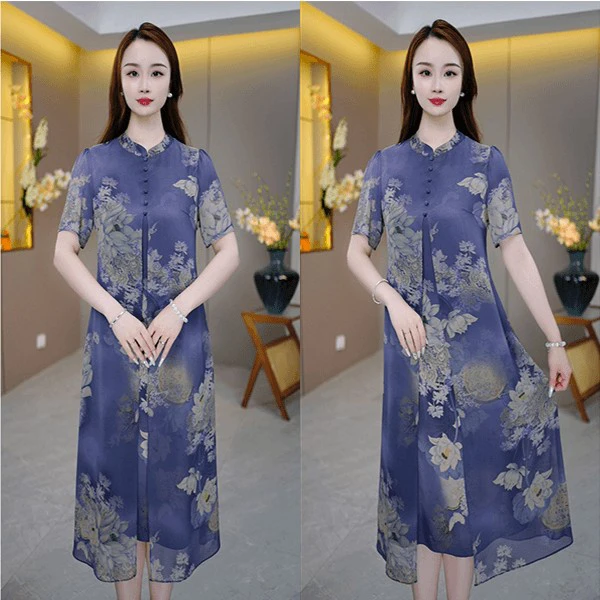 E218 2025夏季中年妈妈装遮肉显瘦洋气时尚减龄新国风女装连衣裙