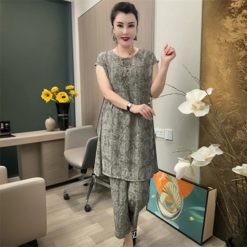 夏季新款短袖时尚妈妈宽松遮肉中长款提花大版衬衫阔腿裤两件套装