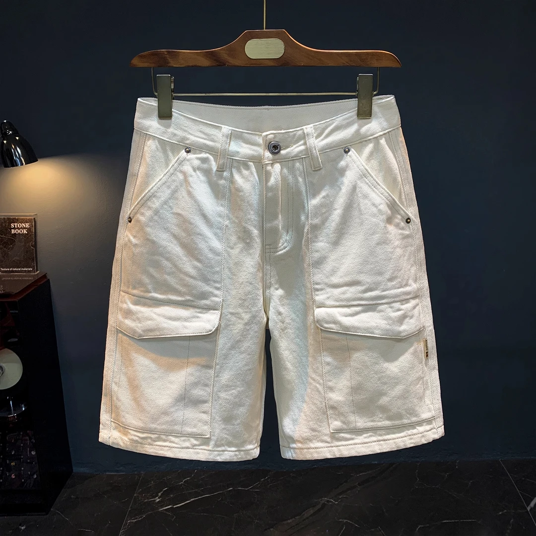 法国Cebrodz白色工装短裤男夏季薄款高质感牛仔五分裤直筒中裤男