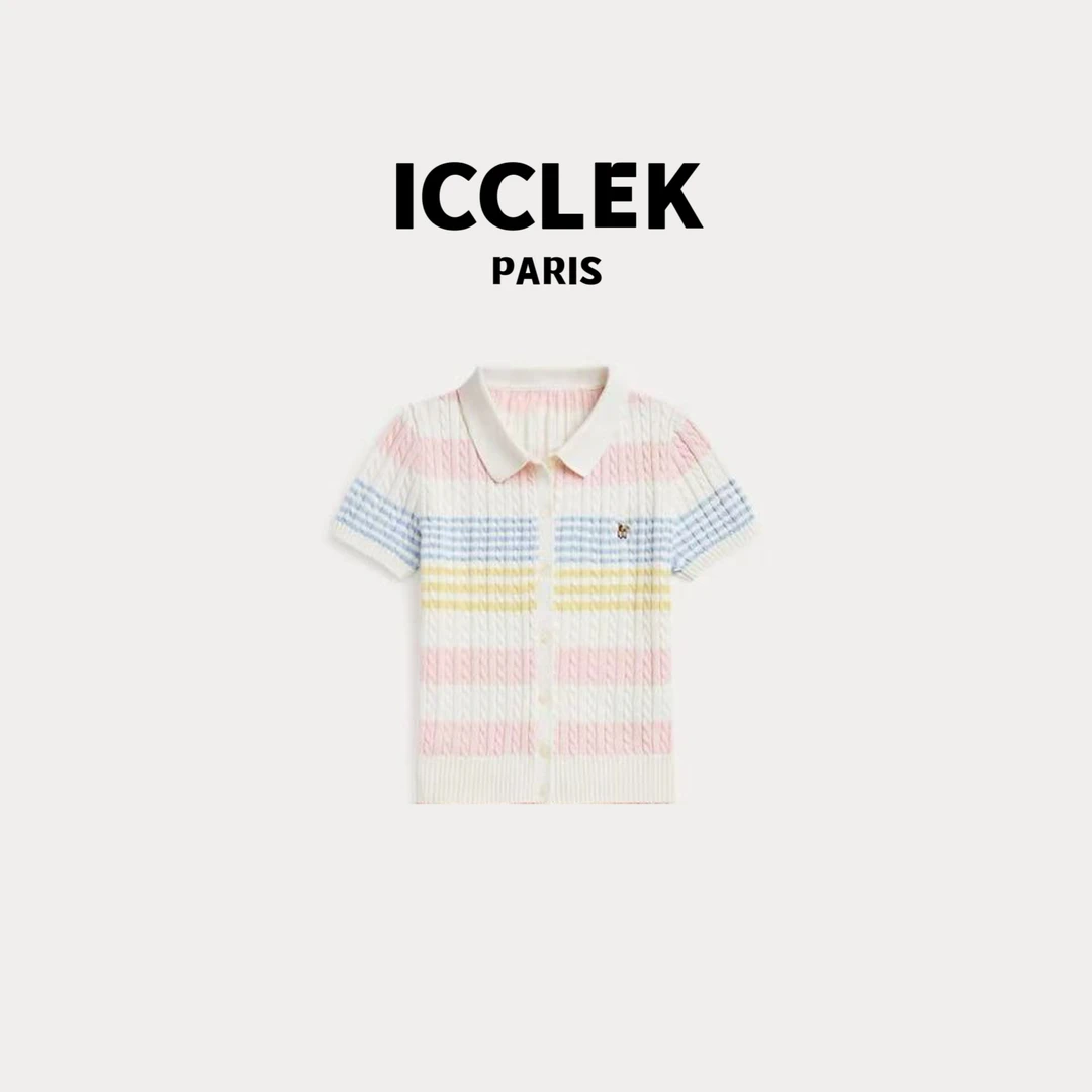 ICCLEK 翻领彩色条纹短袖针织衫彩虹色百搭时尚减龄 气 质 -1147