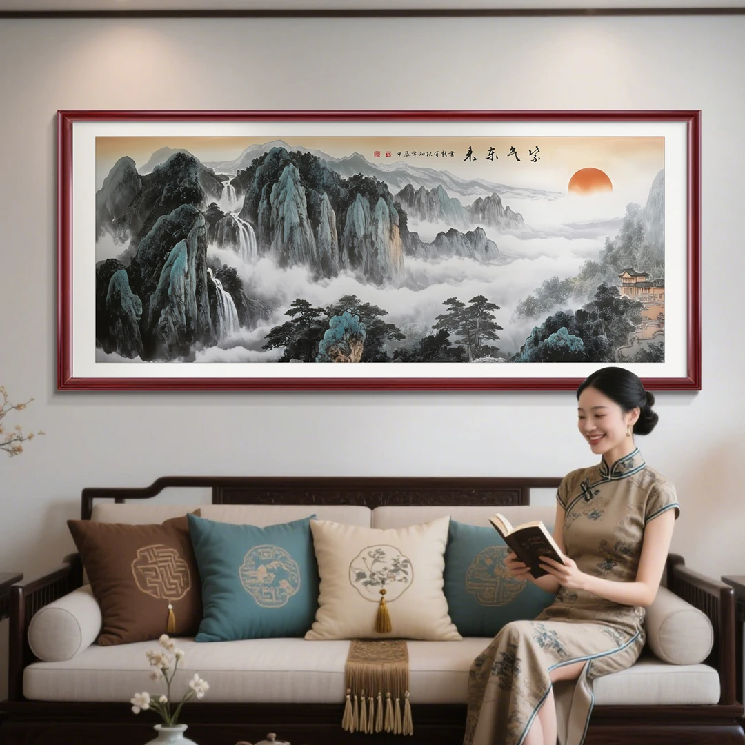 旭日东升客厅挂画中式大气办公室装饰画大横幅山水沙发背景墙壁画