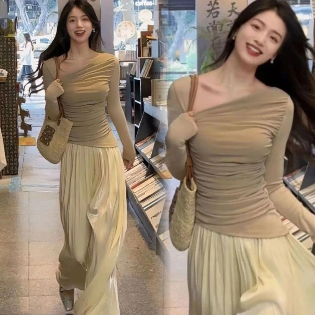 木木家 设计感斜肩修身显瘦上衣+高腰别致设计感裙裤网红两件套潮