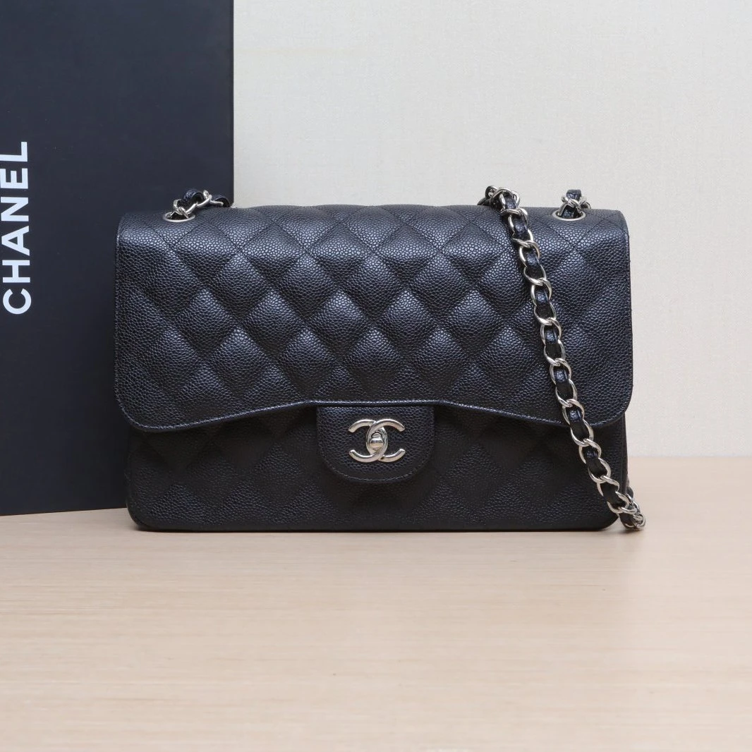 99新 Chanel/香奈儿 【双双】CF 口盖包 JUMBO30cm 荔枝皮革 21开