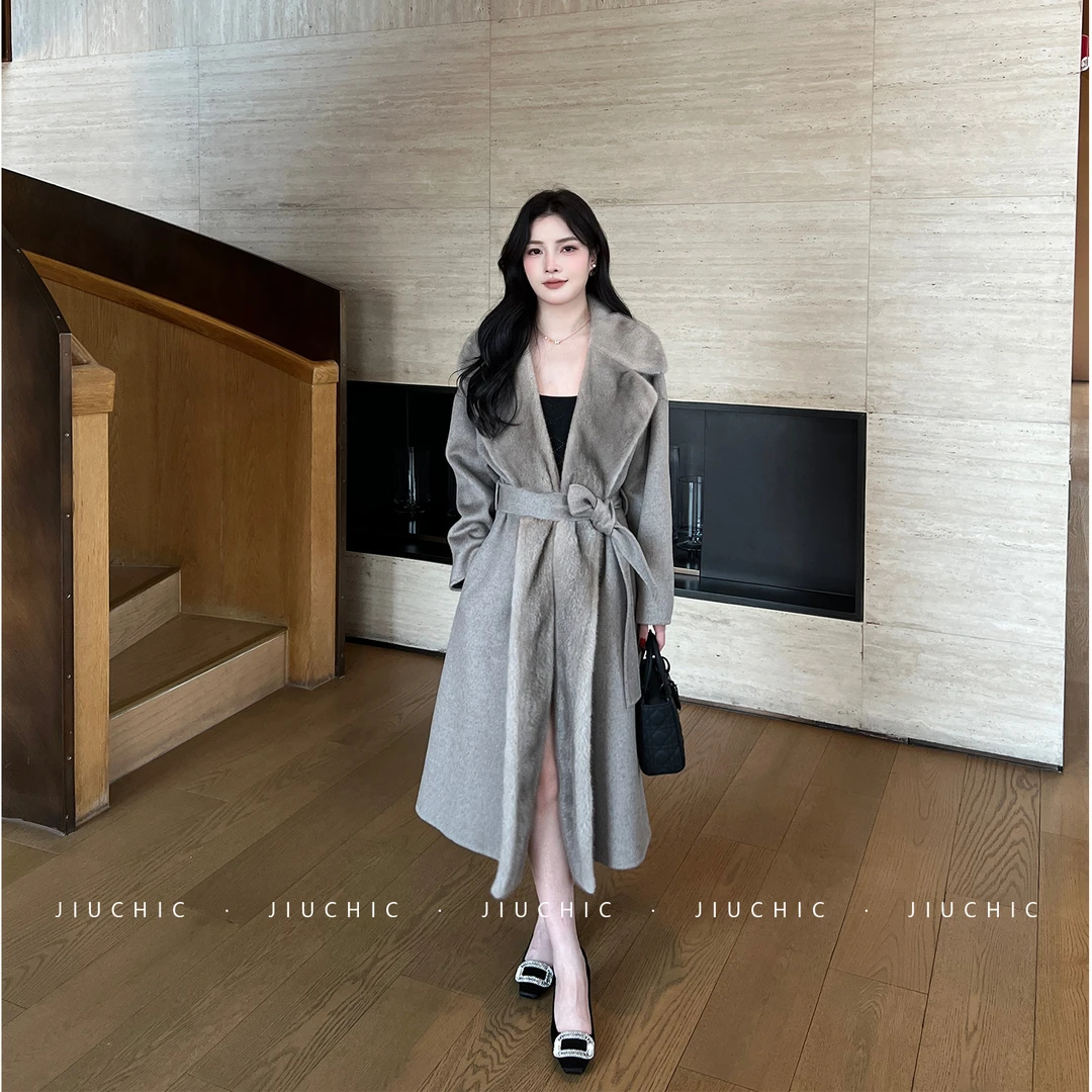 JiuChic进口银蓝水貂毛领拼接双面羊绒大衣女中长款毛呢外套秋冬