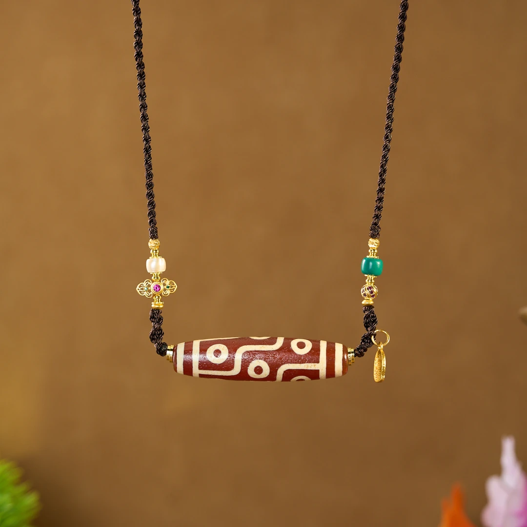 牙黄折线九眼天珠项链R6AA